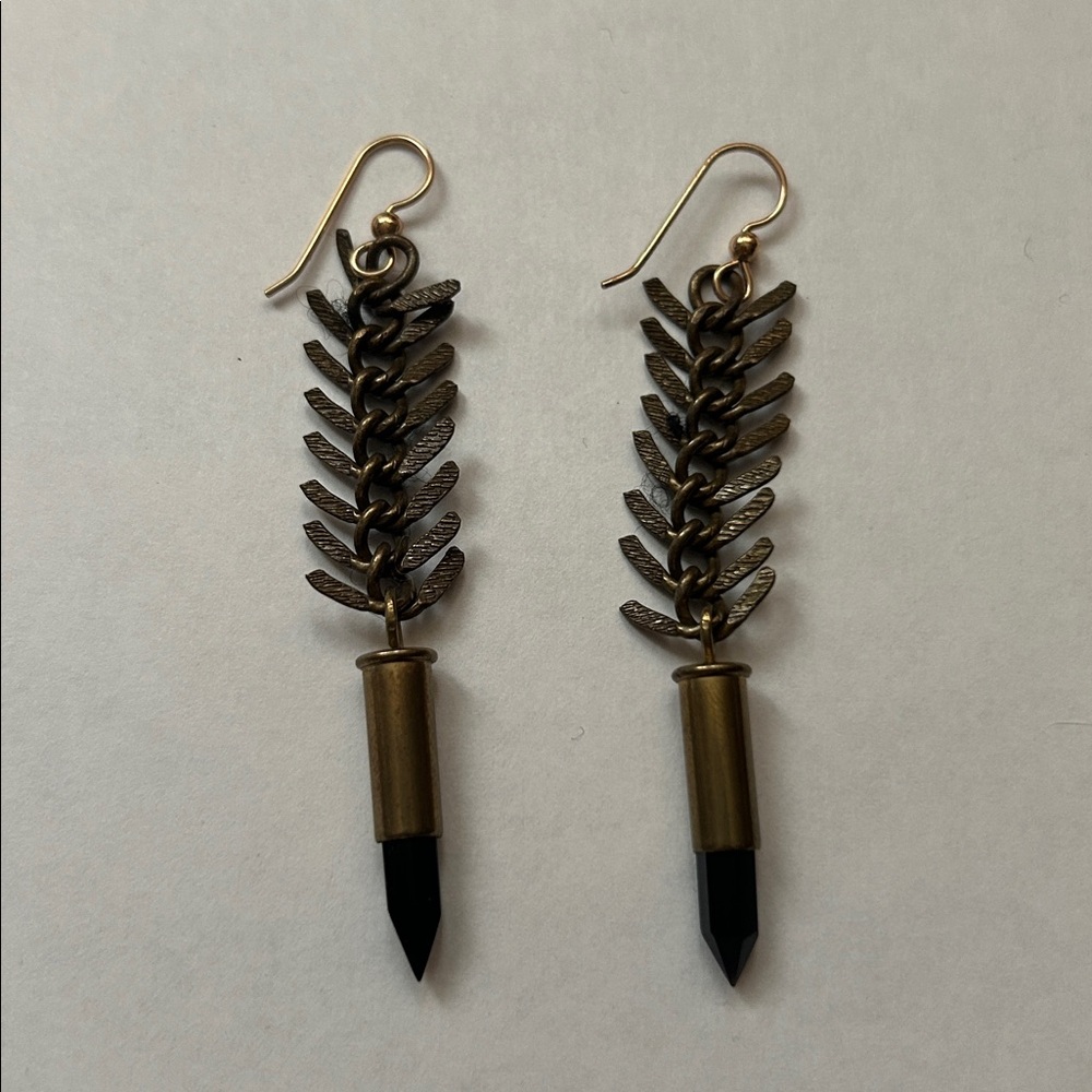 Gold and Black Onyx Stone Leaf Dangle Earrings